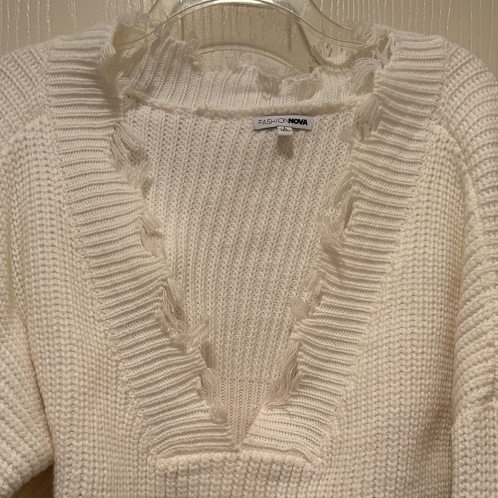 Fashion Nova Cream Frayed V-Neck Sweater - Picture 2 of 6